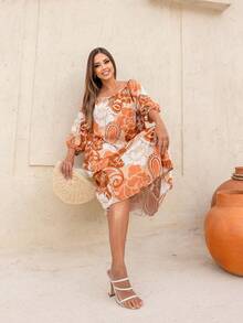 Women's Printed Midi Dress With Pocket Elastic Sleeves Summer Fashion Elegant - Màu Cam cháy - Xem 9