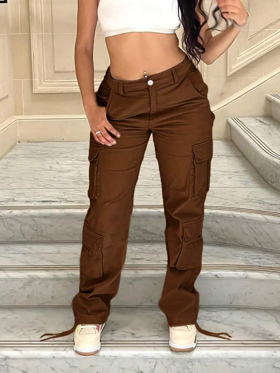 Fashion Women's Casual Multi-Pocket Denim Overalls, Button Closure, Perfect For Everyday Wear, A Must-Have Item In Cloakroom. - Brown - View 1
