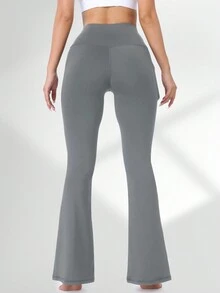 Women's High-Waist Tummy Control Yoga Flare Leggings With Side Double Pockets, Slim Fit Athletic Long Pants, Micro Flare Running Training Fitness Pants, High Elasticity Quick-Dry Compression Base Layer - Dark Grey - View 3