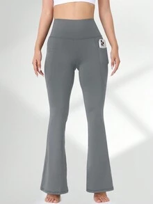 Women's High-Waist Tummy Control Yoga Flare Leggings With Side Double Pockets, Slim Fit Athletic Long Pants, Micro Flare Running Training Fitness Pants, High Elasticity Quick-Dry Compression Base Layer - Dark Grey - View 2