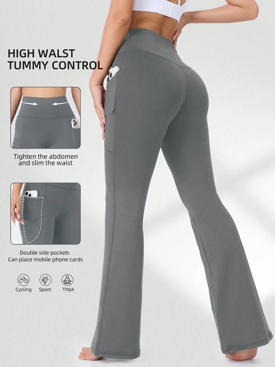 Women's High-Waist Tummy Control Yoga Flare Leggings With Side Double Pockets, Slim Fit Athletic Long Pants, Micro Flare Running Training Fitness Pants, High Elasticity Quick-Dry Compression Base Layer - Dark Grey - View 1
