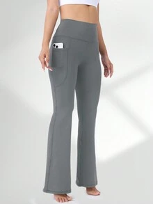 Women's High-Waist Tummy Control Yoga Flare Leggings With Side Double Pockets, Slim Fit Athletic Long Pants, Micro Flare Running Training Fitness Pants, High Elasticity Quick-Dry Compression Base Layer - Dark Grey - View 5