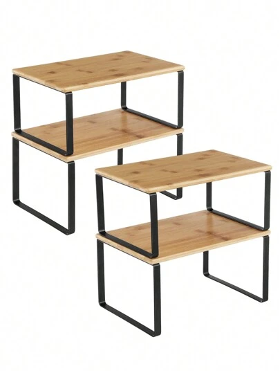 SONGMICS Organizadores de Cocina, Juego de 4 Estantes de Cocina, para Almacenamiento de Gabinete, Apilables, Expandibles, Metal y Madera de Ingeniería, Negro y Natural