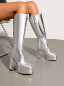 Women's Platform Heeled Knee High Boots, Long Chunky Tall Gogo Boots For Fall - 銀色 - 查看 1