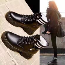 Giày bốt đi tuyết mới 2024 cho nữ, giày đệm dày chống thấm nước, lót lông ấm áp, bốt ngắn đế xuồng, thích hợp cho mùa đông ở phía đông bắc - màu đen - Xem 2