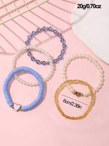 5pcs/Set Girls Heart Soft Clay Pearl Beaded Bracelet Set Suitable For Daily Decoration - 5PCS - View 9