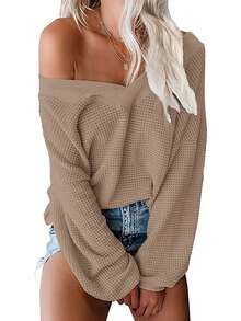 Women's V-Neck Long Sleeve Waffle Knit Open Shoulder Pullover Sweater - Khaki - View 1