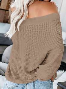 Women's V-Neck Long Sleeve Waffle Knit Open Shoulder Pullover Sweater - Khaki - View 2