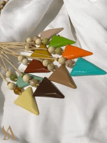 LONG LEATHER NECKLACE WITH WHITE WOOD AND GREEN CANE TRIANGULAR RESIN - 薄荷綠 - 查看 5