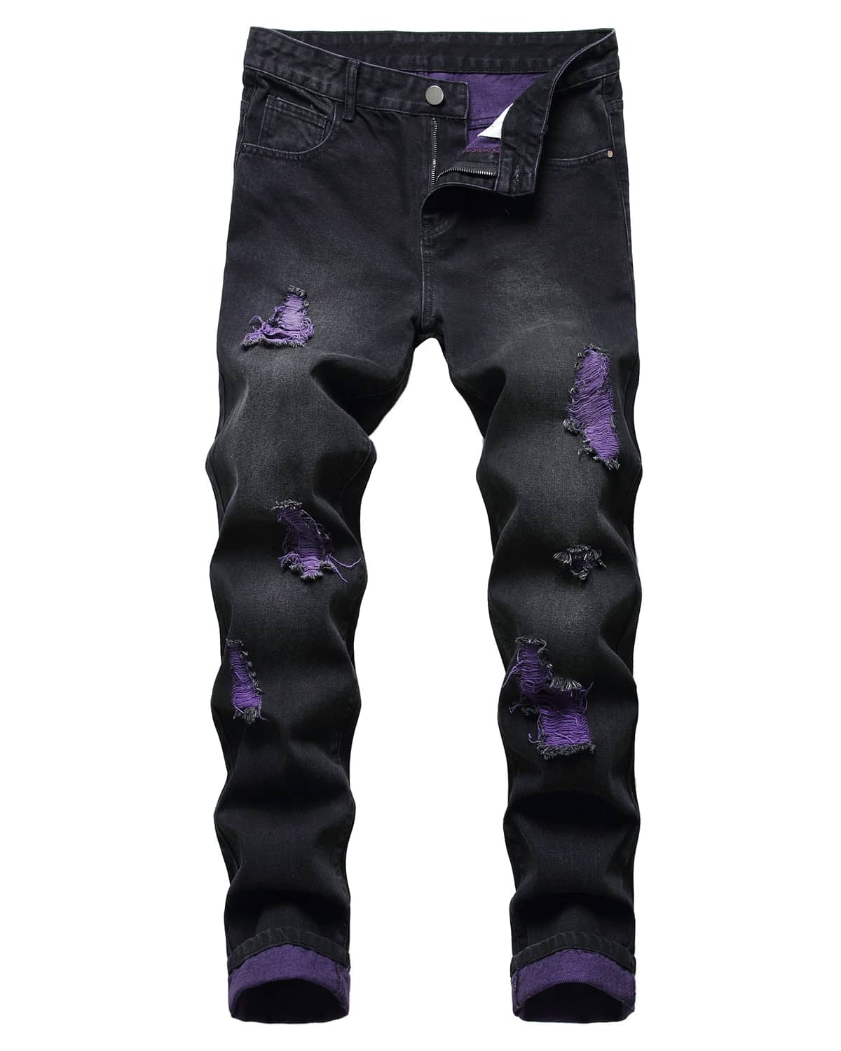 MICKASON Men's Purple Ripped Stretch Skinny Black Bottom Peplum Men's Jeans - Stretchy, Comfortable And Stylish - Perfect For Everyday Casual Wear. - màu đen - Xem 1