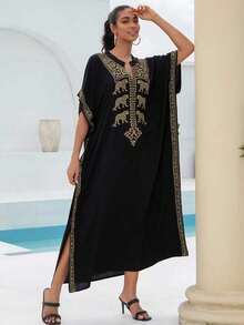 黑色立领豹纹刺绣连衣裙阿拉伯高级女士休闲大码 V 领优雅长袍 - 黑色 - 查看 5