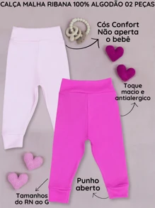 SHEIN Ribbed Knit Pants For Baby Girls And Boys, 2 Pieces, Soft, Hypoallergenic, Comfort Waistband, No Elastic, Perfect Fit, Ribbed Knit, 100% Cotton - 玫紅色 - 查看 2
