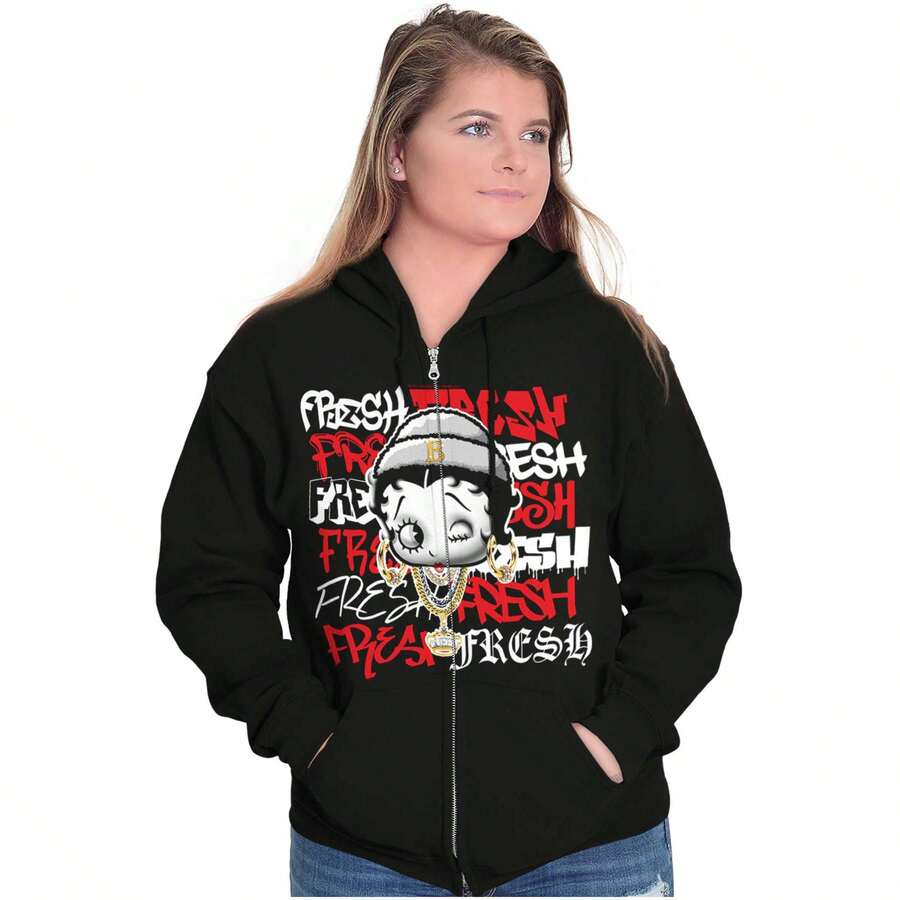Betty Boop Cartoon Fresher Then Fresh Zip Hoodie Sweatshirt Women - Black - View 1