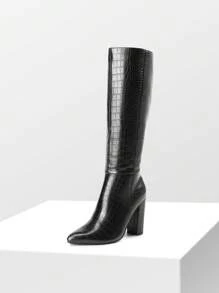 Women's Chunky Heel Pointed Toe Knee High Boots Side Zipper  Tall Boots For Women Fashionable Solid Color Long Boots - 黑色 - 查看 4