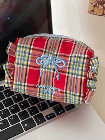 1Pc Cute Bow Knot Embroidery Red Grating Design Mini Cosmetic, Multifunctional Cosmetic Organizer Handbag Bath Shower Wallet Pouch For Travel Storage Bag, Makeup Bag, Cosmetic Bag, Vacation Organizer, Large Capacity Makeup Organizer Makeup Case, For Lipstick, Brush, Skincare, Mobile Phone, Coin, Small Items, For Home, Gift, Vacation And Festival Halloween Christmas Multifunctional Use,Boho Vibes