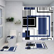 1pc/4pcs Waterproof Geometric Pattern Shower Curtain With 12 Hooks, Bathroom Decor Set Fall Decor Bathroom Accessories Back To School