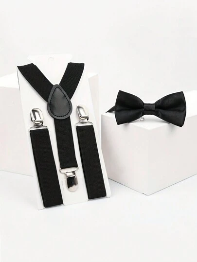 2pcs/Set Kids Solid Color Suspenders With Bow Tie Set, Child Clip-On Braces With Bow Tie