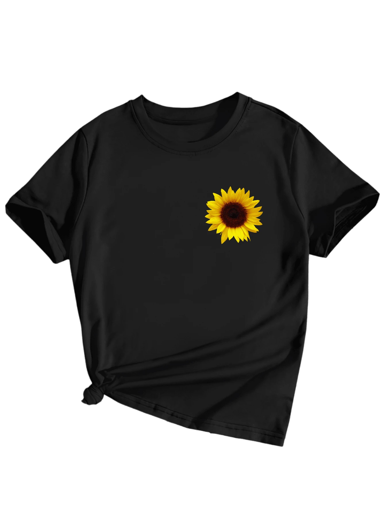 Basic Sunflower Printed T-Shirt Women's Cotton Blouse - Black - View 1
