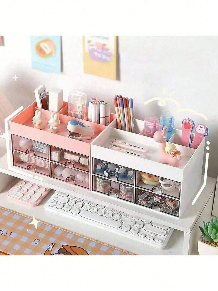 1 hộp đựng đồ dùng để bàn làm việc văn phòng nhỏ có 4 ngăn kéo, hộp đựng đồ để bàn để đựng thẻ/bút/bút chì/điện thoại/văn phòng phẩm, hộp đựng đồ trang điểm trường học tại nhà có ngăn kéo - nhiều màu - Xem 1