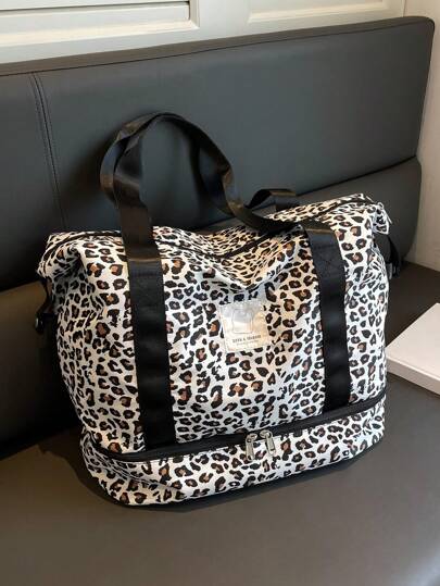 Large Capacity Portable Striped Travel Bag That Can Be Fitted With A Suitcase, Personalized And Lightweight, Suitable For Business Trips And Weekends, Short Distance Travel Bags, Luggage Storage Bags, Fashionable And Versatile, Can Be Worn As A Shoulder Bag Or Crossbody Bag For Suitcase Overnight Bag Gym Bag Duffle Bag Weekend Bag Duffel Bag For Luggage Carry On Bag College Bag Luggage Bags Weekender Bag Hospital Bag Leopard Print Holiday Winter, Fall Winter Fashionable Cheetah Print Purse