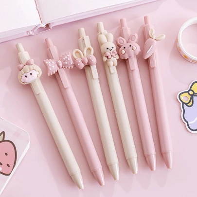 3-6支0.5毫米黑色凝胶墨水塑料点击粉色奶油色可爱女孩笔，2种款式随机发送