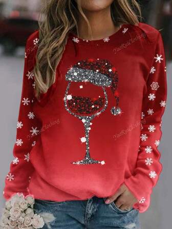 Christmas New Women Vinglas Print Mode Sweatshirt, höst-vinter