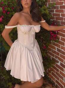 Women's Sexy Sweetheart Neck Sleeveless Tie Front Lace Trim A Line Party Mini Dress - 白色 - 查看 4