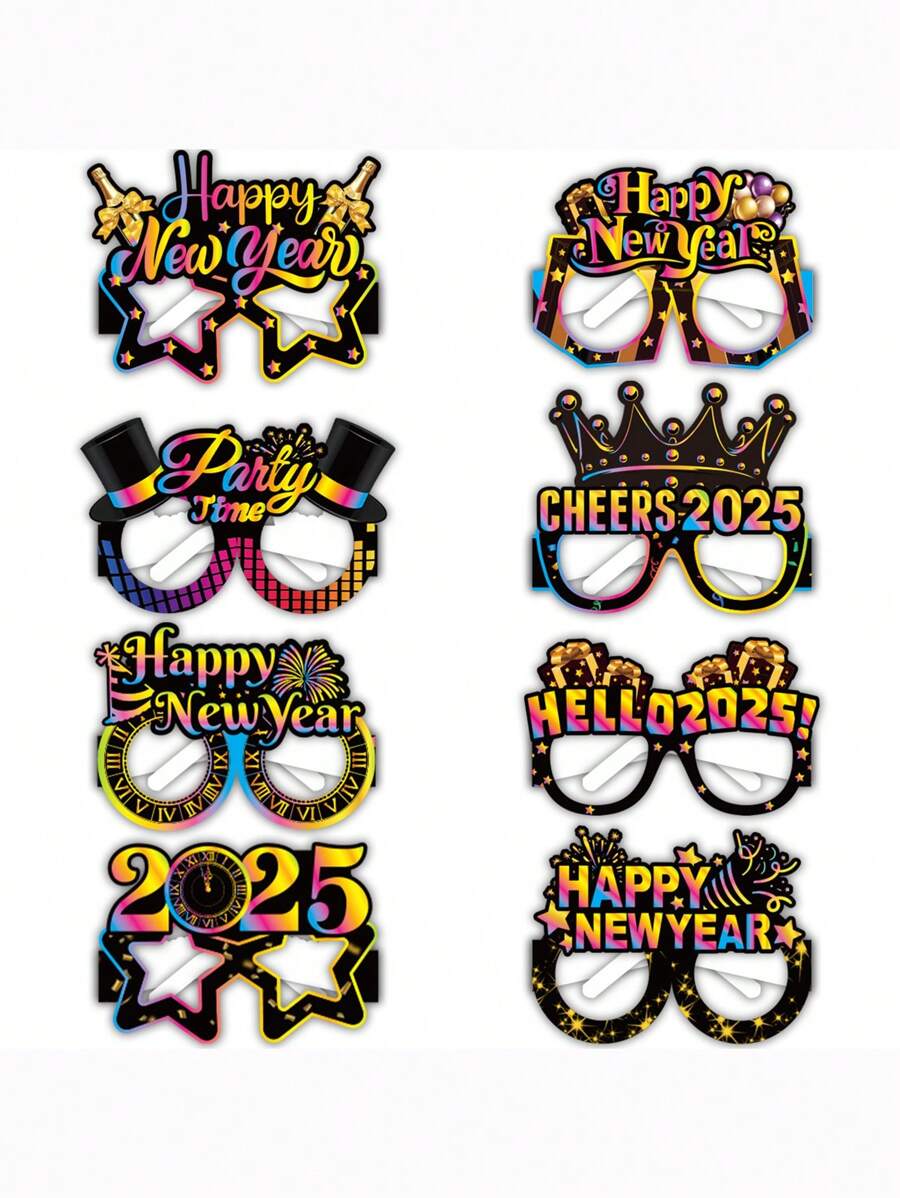 Fengshang Jewlery Co.,Ltd 8pcs/Set 2025 New Year Party Funny Photo Booth Props Paper Glasses Beach Accessories For Women Glasses Shades - Multicolor - View 1