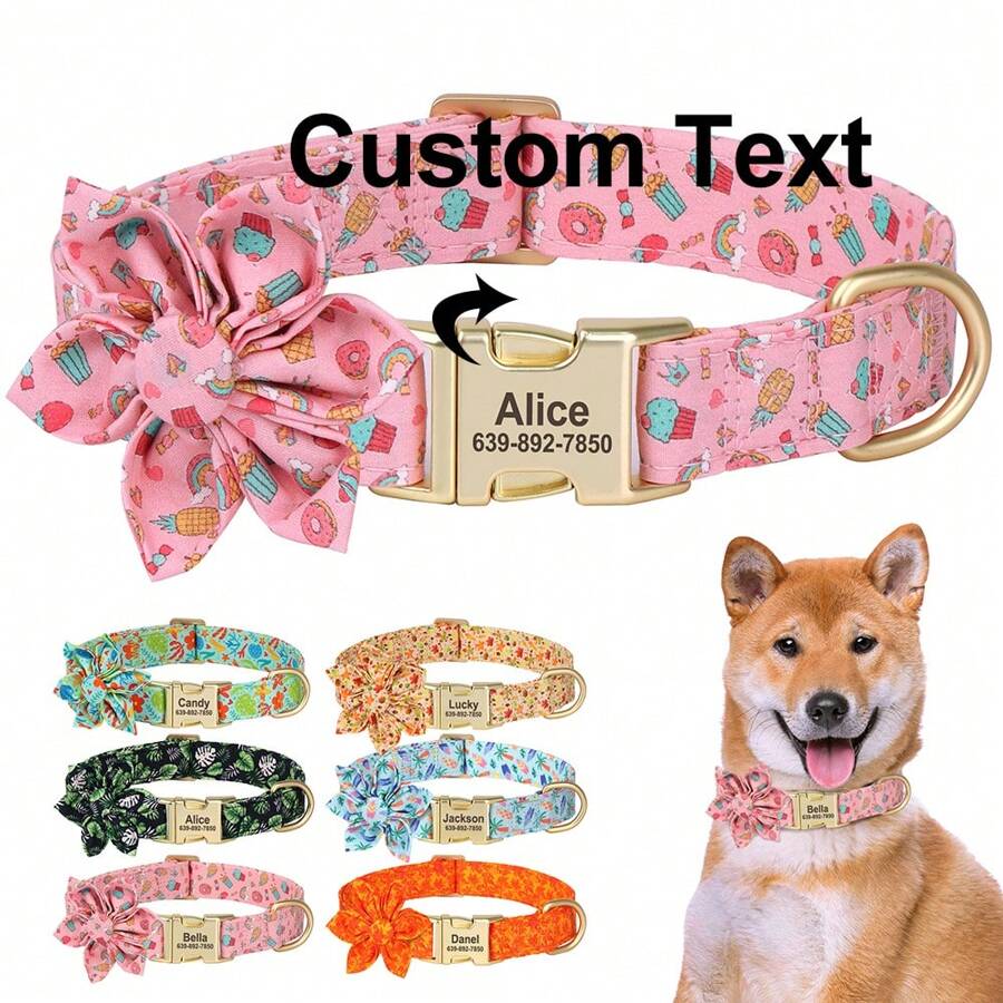 Vòng cổ cho chó bằng nylon họa tiết hoa 6 cánh, vòng cổ thú cưng được cá nhân hóa, có thể điều chỉnh và chống thất lạc - màu đen - Xem 1