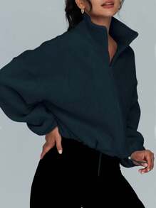 女士秋冬抓绒领短款外套，带拉链和抽绳 - 藏蓝色 - 查看 4