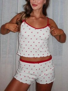 2pcs Women's Contrast Trim Fruit Pattern Tank Top And Shorts Set, Summer