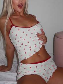 2pcs Women's Contrast Trim Fruit Pattern Tank Top And Shorts Set, Summer