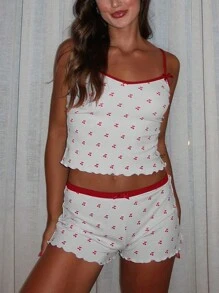 2pcs Women's Contrast Trim Fruit Pattern Tank Top And Shorts Set, Summer