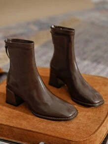 Fall/Winter Brown Chunky Heel Short Boots Women's Pointed Toe Leather Chelsea Riding Ankle Boots,Elegant - Coffee Brown - View 1