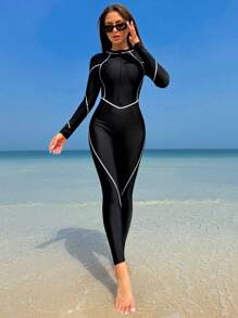 纯色底色撞色修身边缘长袖拉链运动风格连体泳衣夏季 - 黑色 - 查看 3