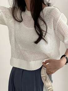 Women's Casual Hollow-Out Loose Knitted Short Sleeve T-Shirt - White - View 1