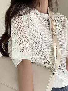 Women's Casual Hollow-Out Loose Knitted Short Sleeve T-Shirt - White - View 4