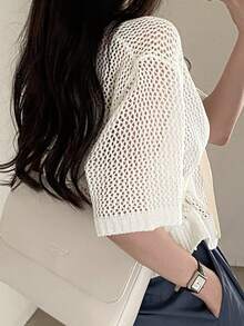 Women's Casual Hollow-Out Loose Knitted Short Sleeve T-Shirt - White - View 3