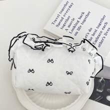 Lace Bow Decor Makeup Bag, Soft Fabric Printed Handbag Zipper Pouch, Sweet Style Toiletry Cosmetic Bag, Suitable For Home & Travel - Black - View 3