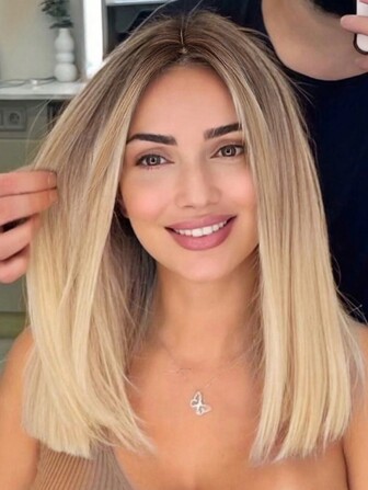 16 tums lutning blond peruk Dam lång rak bob peruk Cape Längd Mörk hårrötter Naturligt utseende Syntetiskt Värmebeständigt hår Mode Damperuk Flickor Daglig Skolfest Outfit Använd Cosplay Enkel Casual Gata Värmebeständig peruk