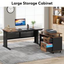 Tribesigns 63 Inch Executive Desk With File Cabinet, Large Office Desk L Shaped Computer Desk With Drawers And Storage Shelves, Business Furniture Desk Workstation For Home Office Decor Furniture, Brown And Black