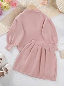 Completo 2 pezzi per ragazza, maglione a maniche lunghe con fiocco e tinta unita, morbido, e gonna, per autunno inverno - Rosa antico - Visualizzare 2