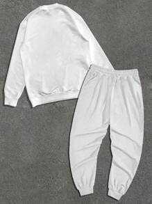 2pcs Casual Men's Printed Sweatshirt And Sweatpants Set - Black - View 2