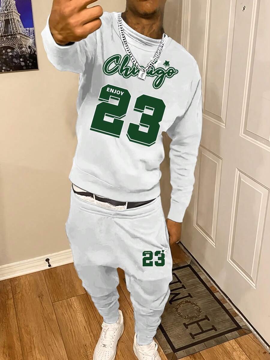 2pcs Casual Men's Printed Sweatshirt And Sweatpants Set - Black - View 1