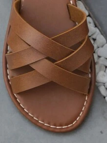 Sandalias planas sencillas para mujer, zapatos casuales de verano con puntera abierta, sandalias de playa - Óxido marrón - Ver 6