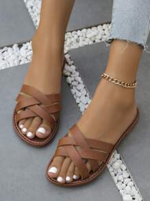 Sandalias planas sencillas para mujer, zapatos casuales de verano con puntera abierta, sandalias de playa - Óxido marrón - Ver 2