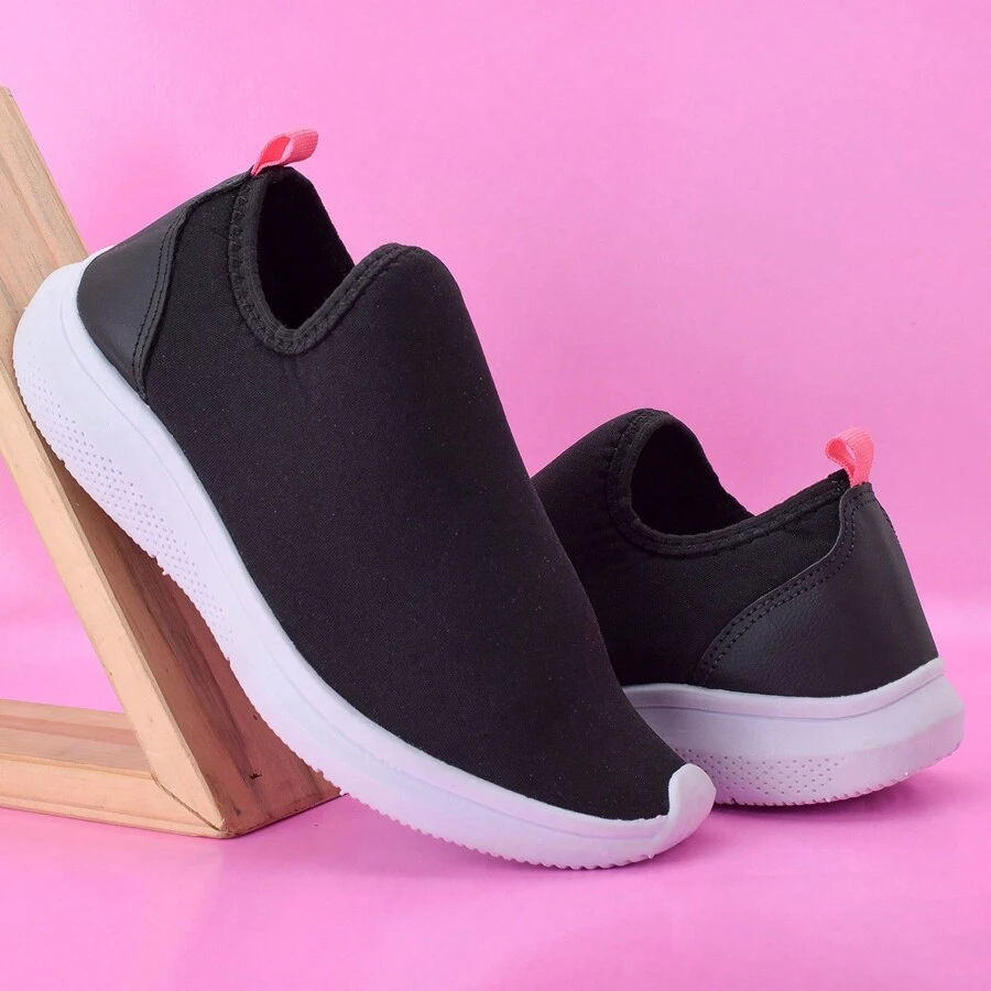 Tênis Feminino Original Casual Confortável Perfeito para Academia e Caminhadas - PRETO + BRANCO LISO - Visão 1