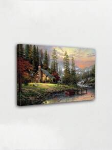 1pc Canvas Wall Arts Poster A Cabin By The Lake In A Lush Forest With A Warm Glow From The Windows, Perfect For Creating A Cozy And Inviting Atmosphere In Any Space, Optional Framed