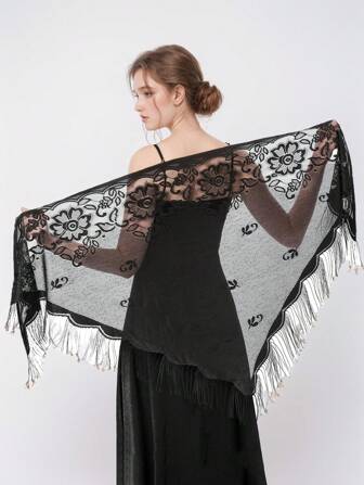 1 pieza Elegante chal/pañuelo triangular de mujer de 29,5"X78,7" con bordado calado y flecos, estampado floral sólido casual, adecuado para uso diario, fiesta de noche y al aire libre, Día de San Valentín