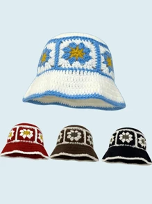 Men's Knitted Bucket Hat, Handmade Embroidery Bucket Hat, Spring Autumn Warm Windproof Retro Wave Brim Cap, Outdoor Streetwear